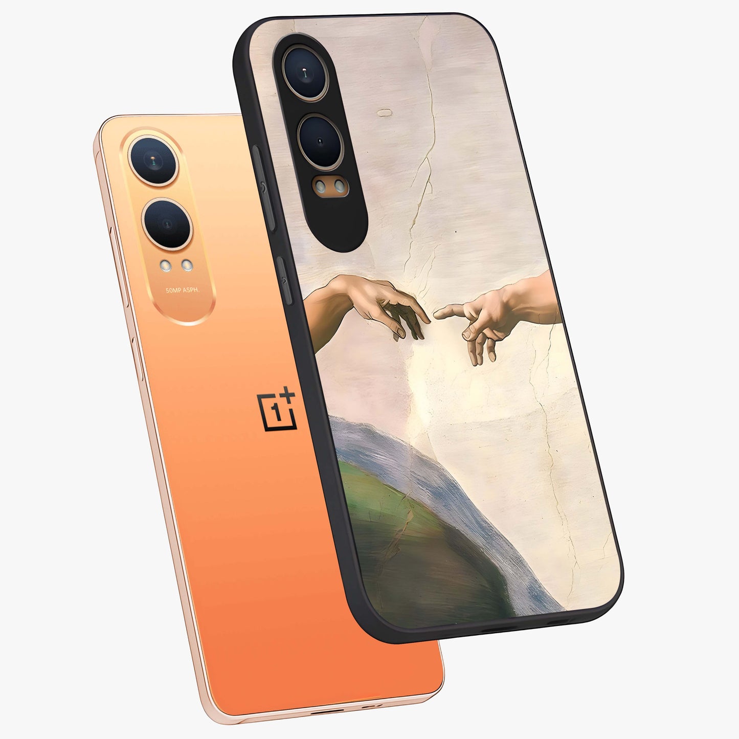 Divine Touch Art Glass Case for 1+Nord CE 4 Lite angled mockup showcasing glossy finish and refined design textures