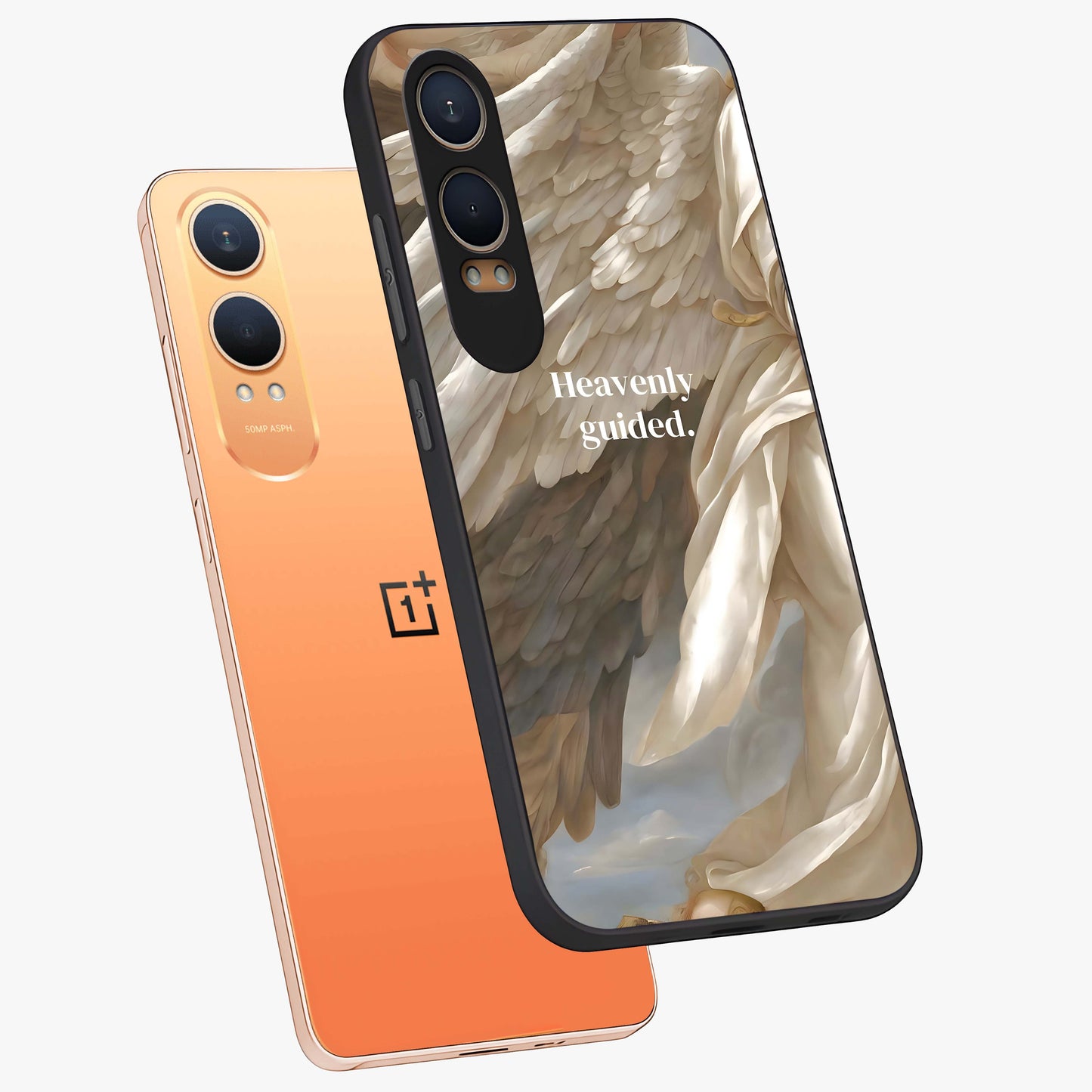 Divine Winged Grace Glass Case for 1+Nord CE 4 Lite angled mockup showcasing glossy finish and elegant design tones