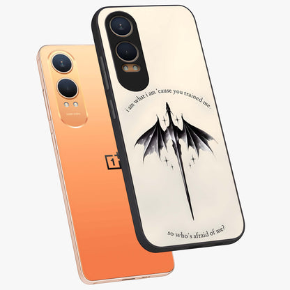 Dragon Quote Art Glass Case for 1+Nord CE 4 Lite angled mockup showcasing glossy finish and powerful fantasy detailing