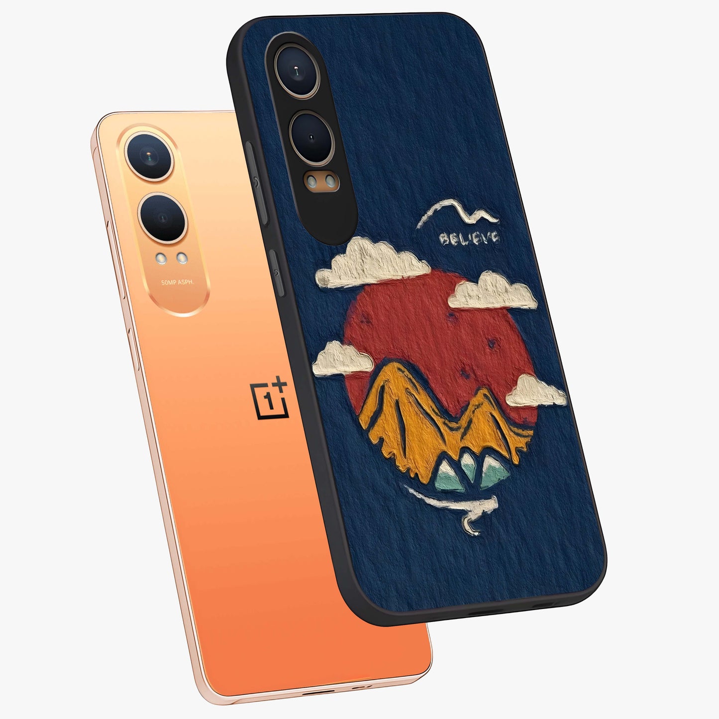 Dream Beyond Mountains Glass Case for 1+Nord CE 4 Lite angled mockup showcasing glossy finish and calming gradient tones