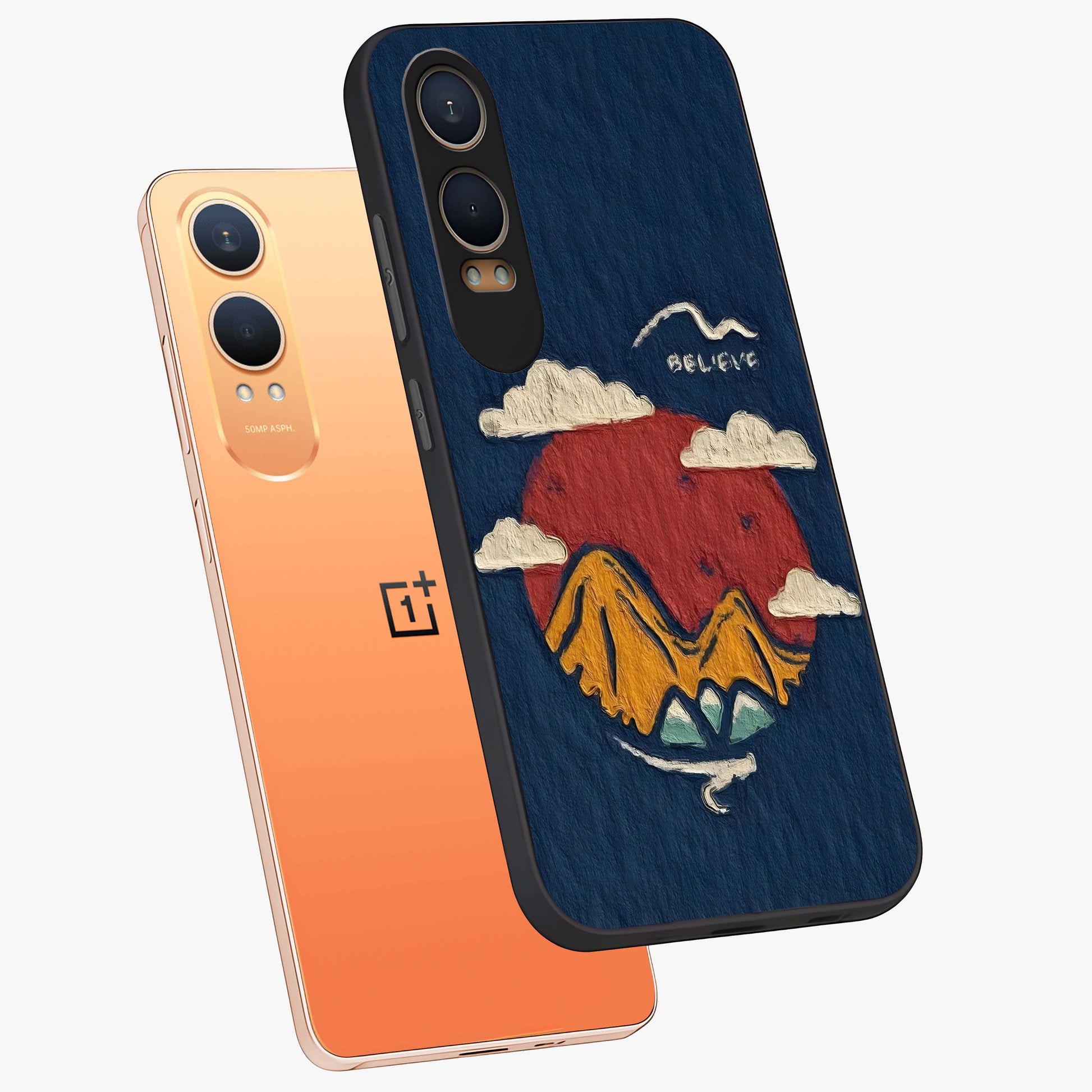 Dream Beyond Mountains Glass Case for 1+Nord CE 4 Lite angled mockup showcasing glossy finish and calming gradient tones