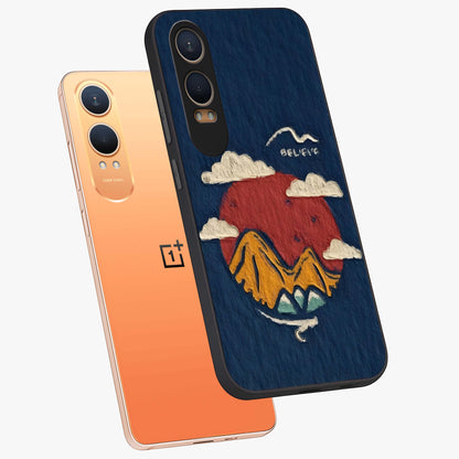 Dream Beyond Mountains Glass Case for 1+Nord CE 4 Lite angled mockup showcasing glossy finish and calming gradient tones