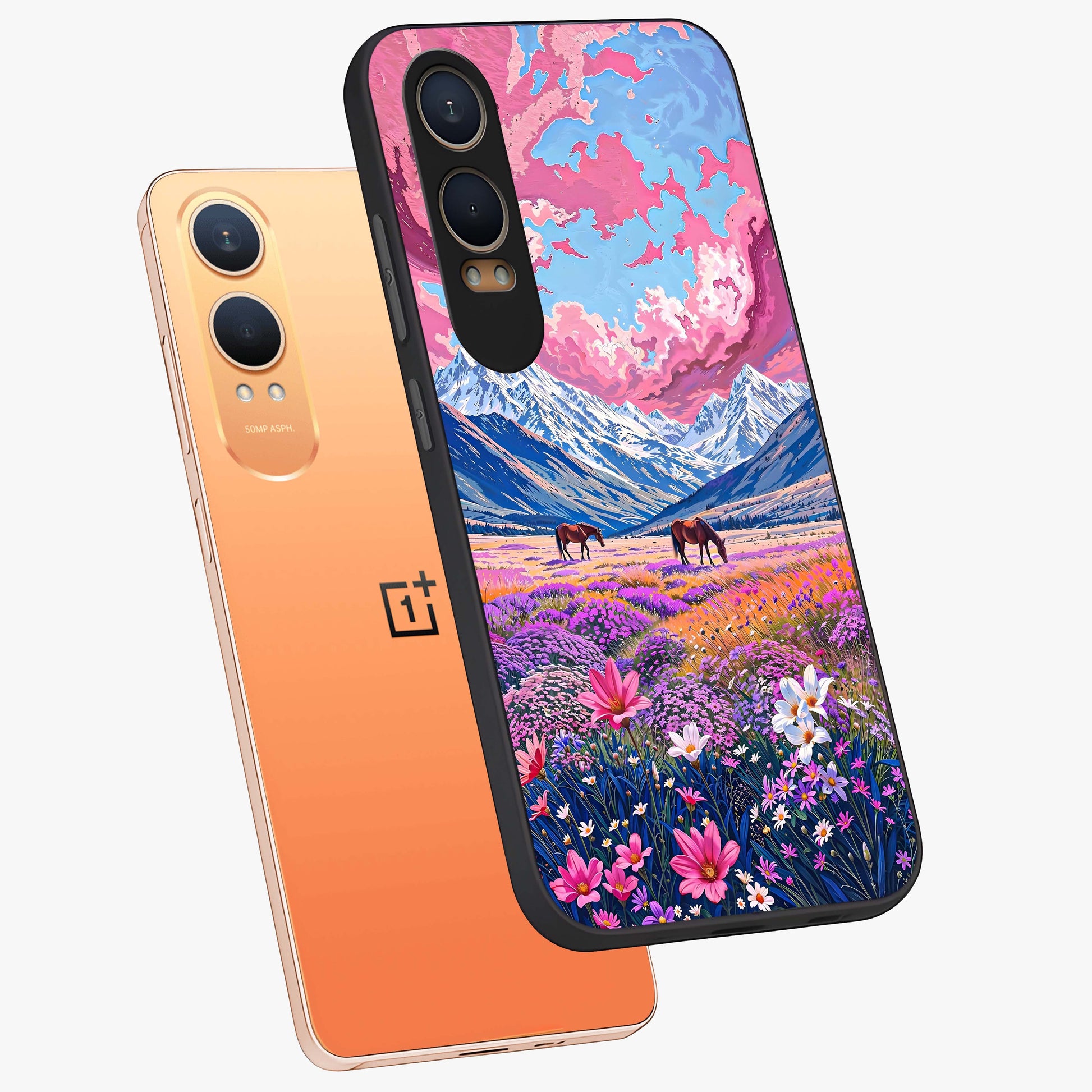 Dreamy Floral Pastures Glass Case for 1+Nord CE 4 Lite angled mockup showcasing glossy finish and gentle bloom textures