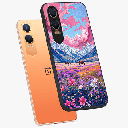 Dreamy Floral Pastures Glass Case for 1+Nord CE 4 Lite angled mockup showcasing glossy finish and gentle bloom textures