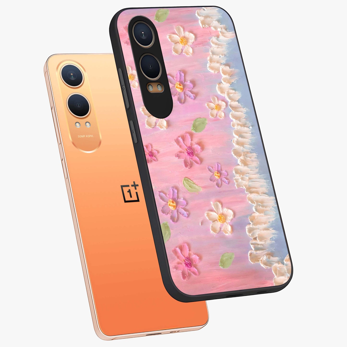 Dreamy Painted Garden Glass Case for 1+Nord CE 4 Lite angled mockup showcasing glossy finish and vibrant brushstroke textures