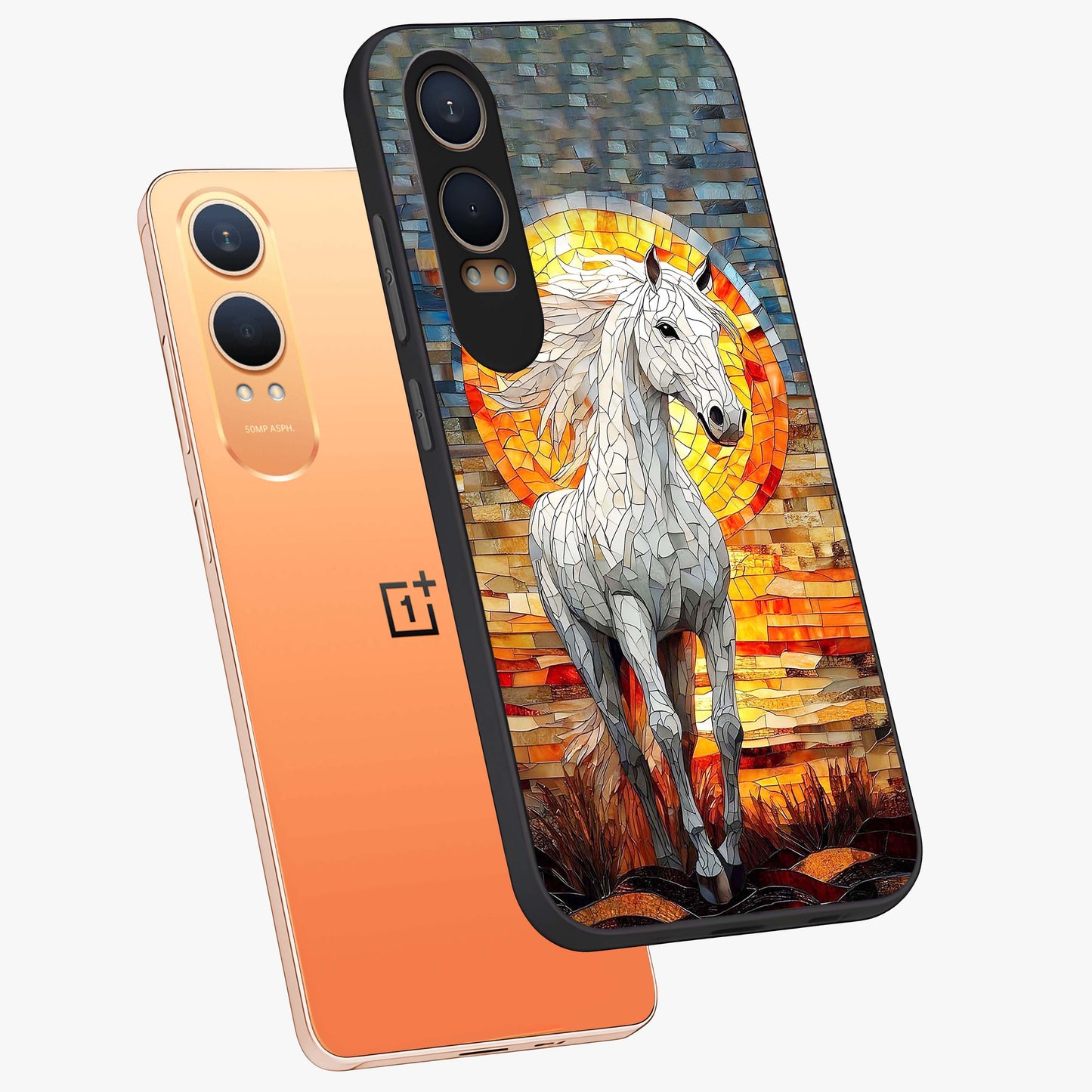 Elected Horse Glass Case for 1+Nord CE 4 Lite angled mockup showcasing glossy finish and dynamic equestrian detailing