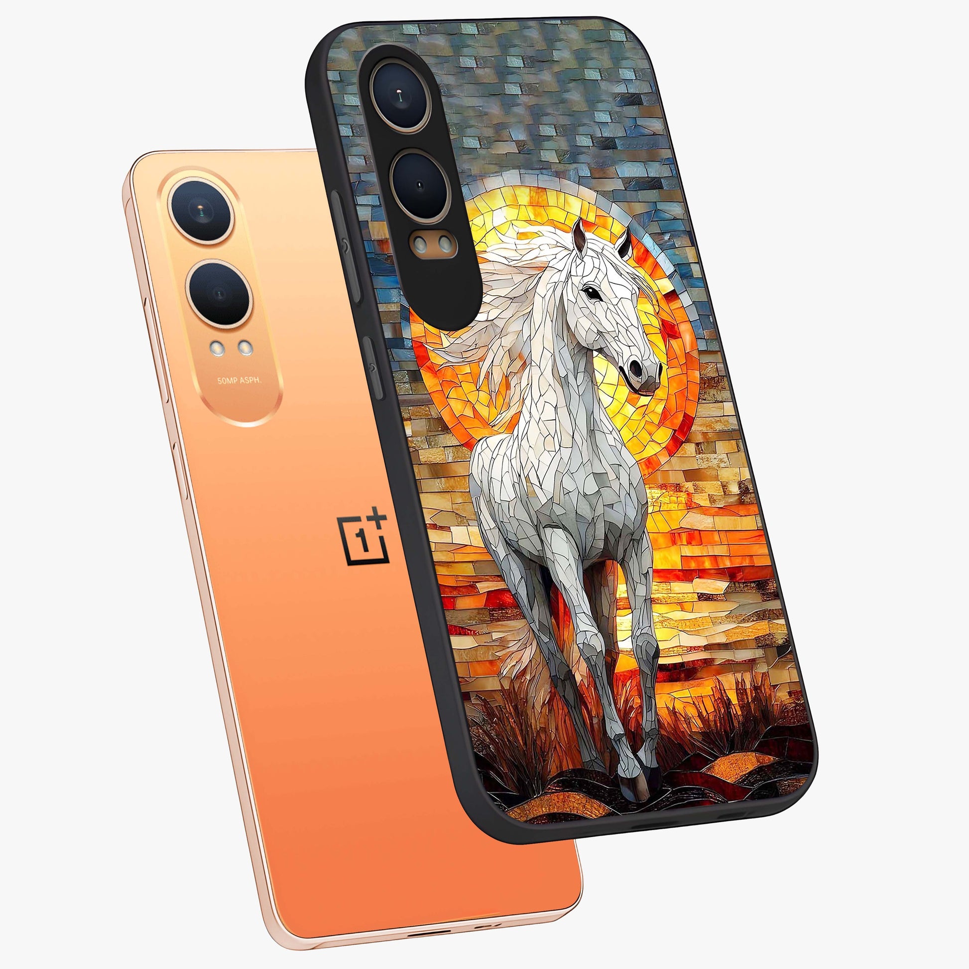 Elected Horse Glass Case for 1+Nord CE 4 Lite angled mockup showcasing glossy finish and dynamic equestrian detailing