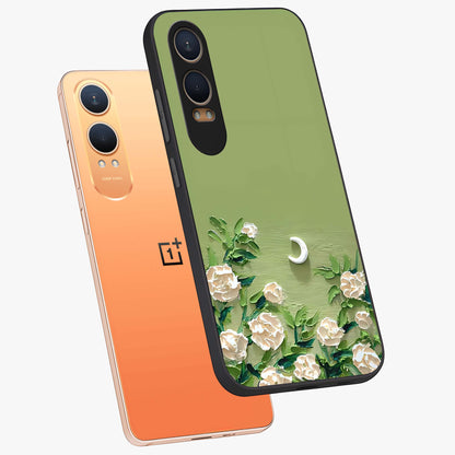 Emerald Bloom Calm Glass Case for 1+Nord CE 4 Lite angled mockup showcasing glossy finish and rich green tones