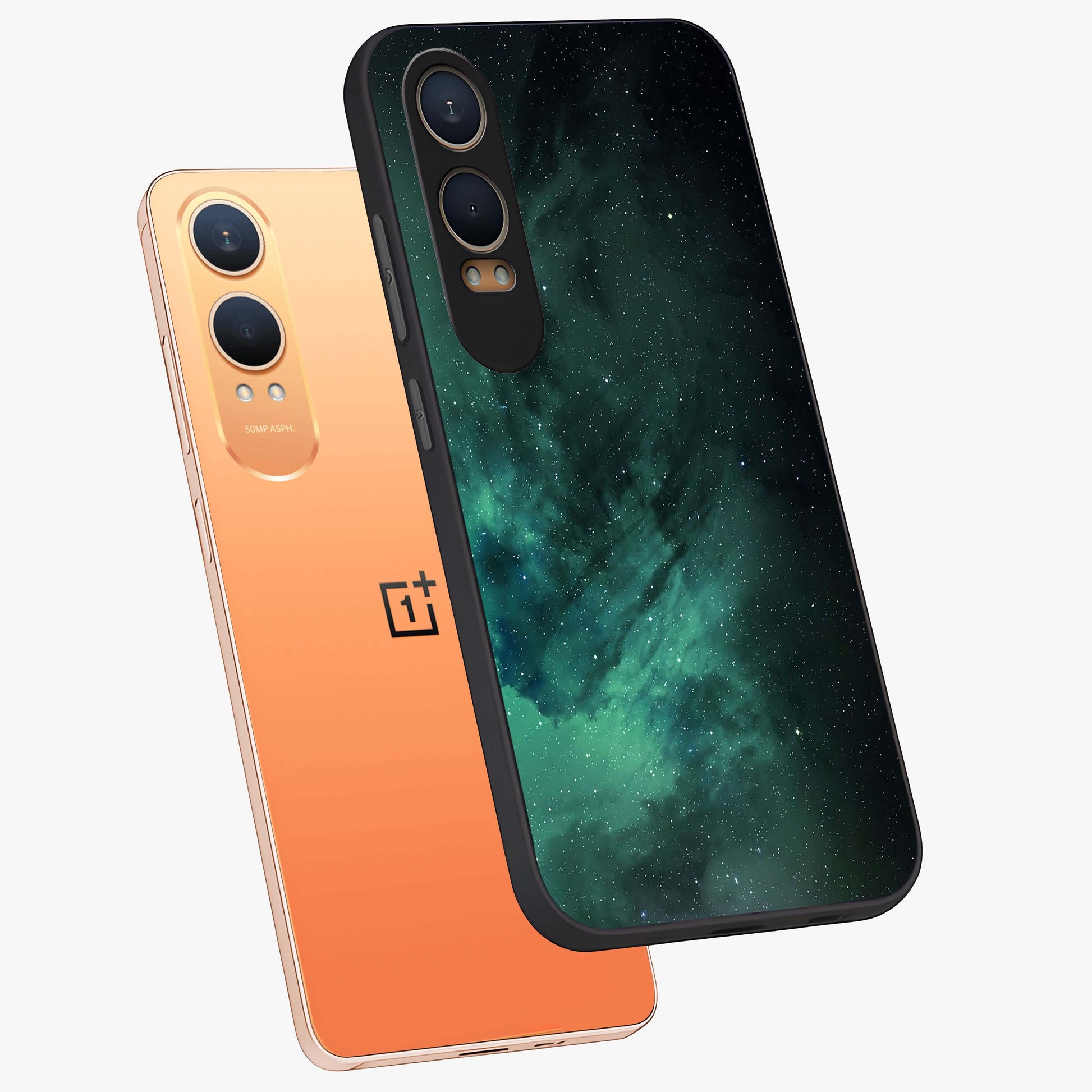 Emerald Green Space Glass Case for 1+Nord CE 4 Lite angled mockup showcasing glossy finish and bold emerald gradients