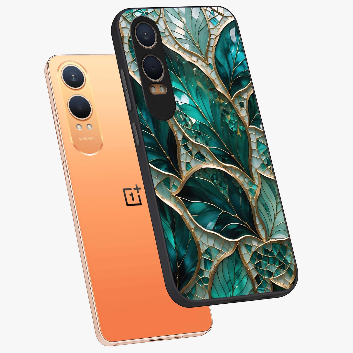 Emerald Leaf Glass Case for 1+Nord CE 4 Lite angled mockup showcasing glossy finish and natural botanical tones