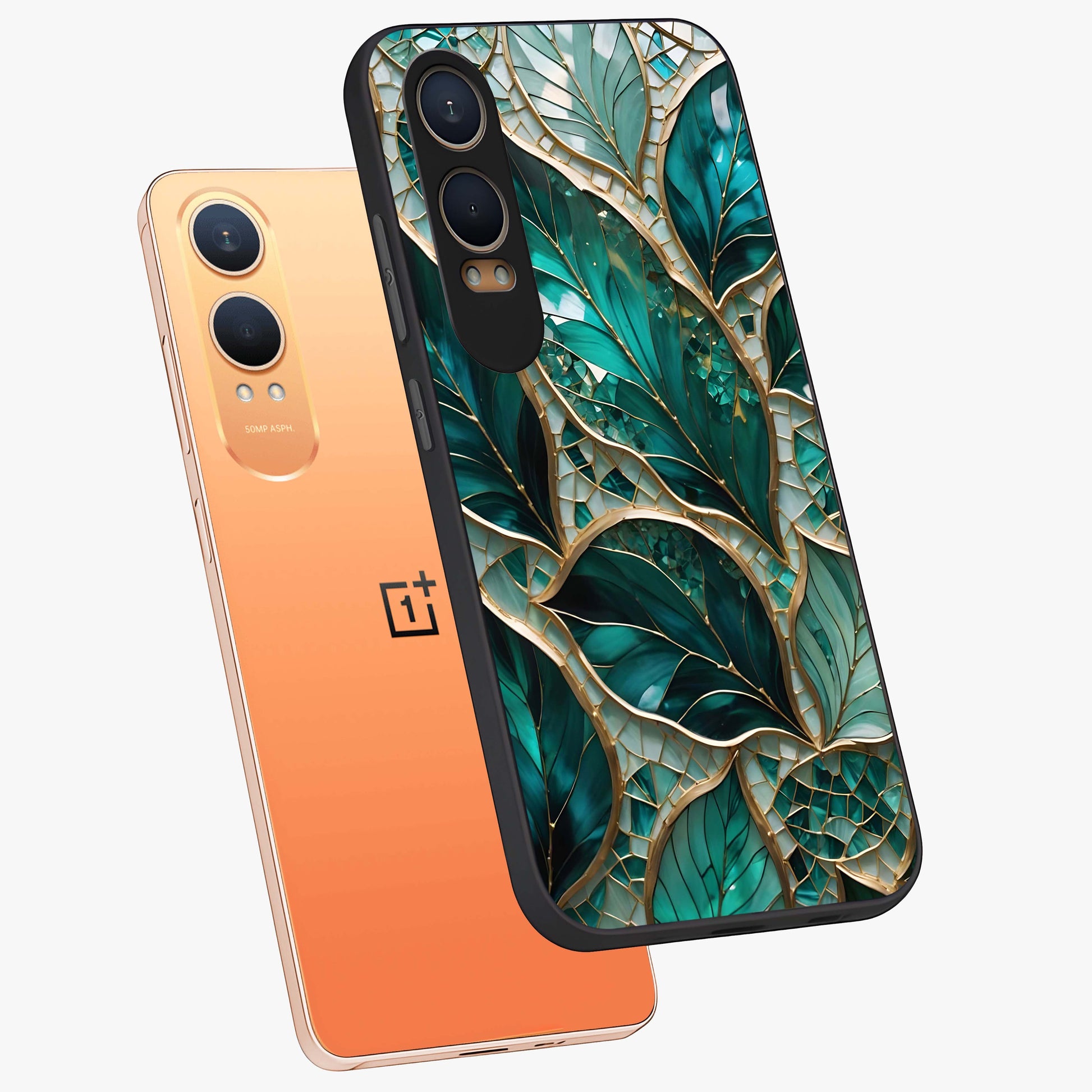 Emerald Leaf Glass Case for 1+Nord CE 4 Lite angled mockup showcasing glossy finish and natural botanical tones