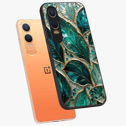 Emerald Leaf Glass Case for 1+Nord CE 4 Lite angled mockup showcasing glossy finish and natural botanical tones