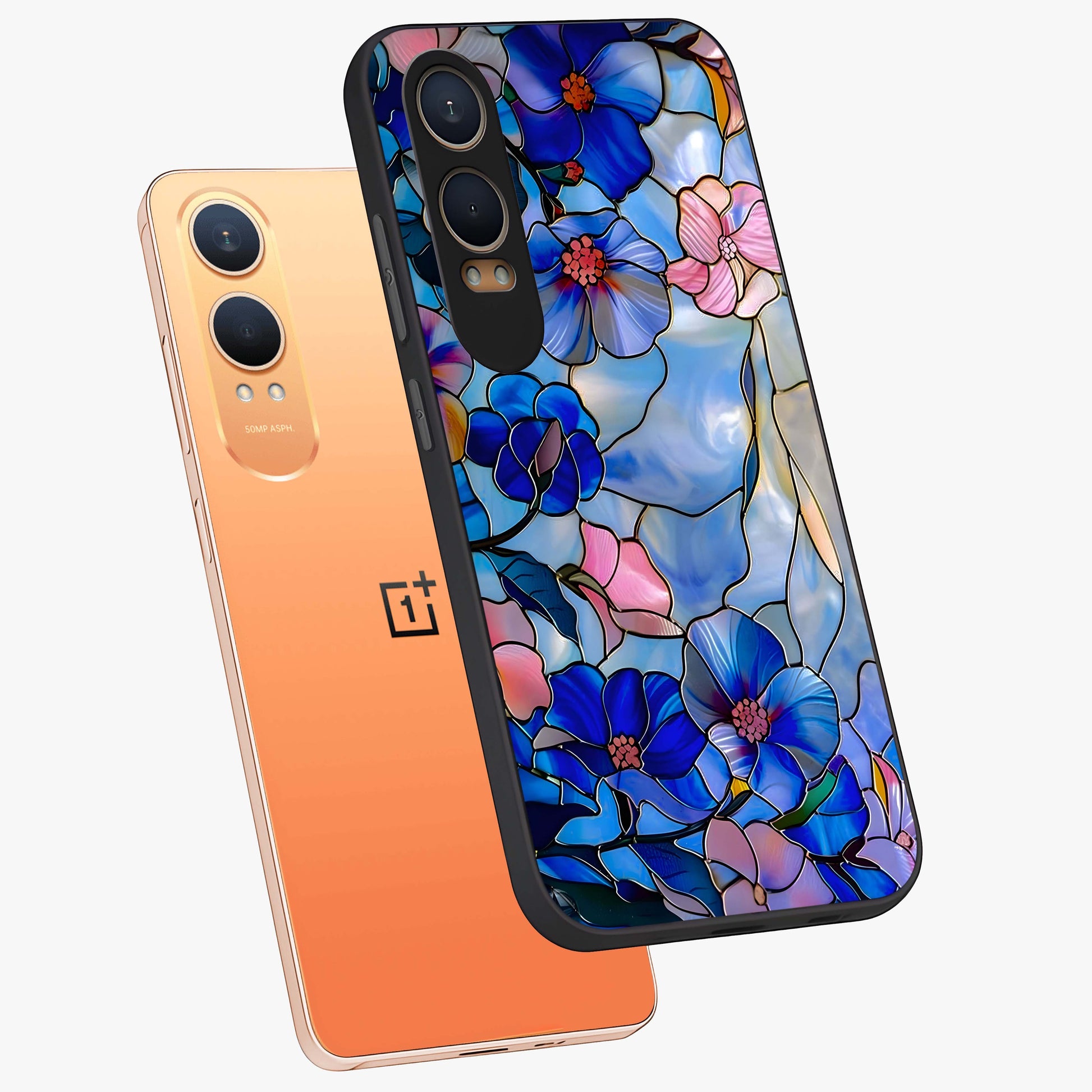 Eternal Floral Stained Glass Case for 1+Nord CE 4 Lite angled mockup showcasing glossy finish and vibrant mosaic textures