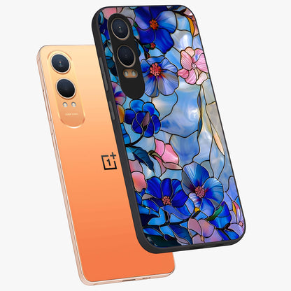 Eternal Floral Stained Glass Case for 1+Nord CE 4 Lite angled mockup showcasing glossy finish and vibrant mosaic textures