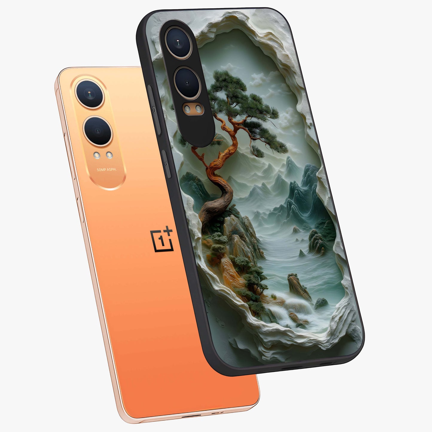 Eternal Nature Spirit Glass Case for 1+Nord CE 4 Lite angled mockup showcasing glossy finish and calming botanical tones