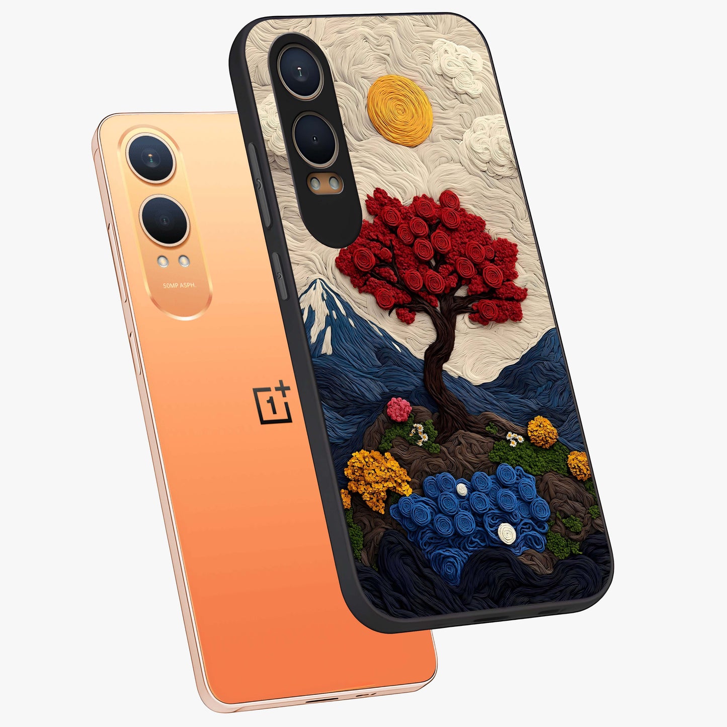 Eternal Nature Tapestry Glass Case for 1+Nord CE 4 Lite angled mockup showcasing glossy finish and detailed botanical patterns