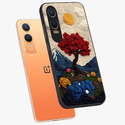 Eternal Nature Tapestry Glass Case for 1+Nord CE 4 Lite angled mockup showcasing glossy finish and detailed botanical patterns