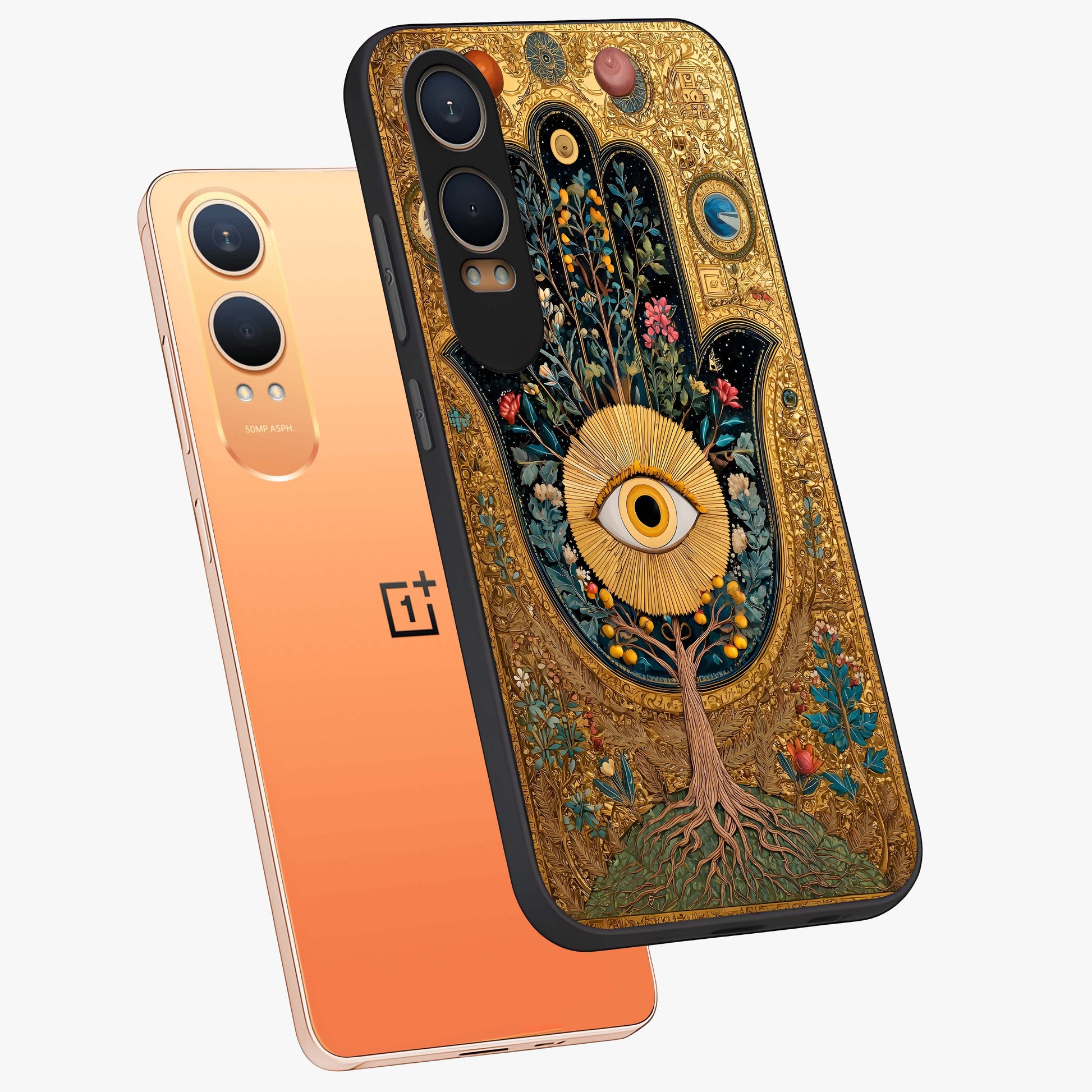 Ethereal Evil Eye Glass Case for 1+Nord CE 4 Lite angled mockup showcasing glossy finish and celestial blue tones