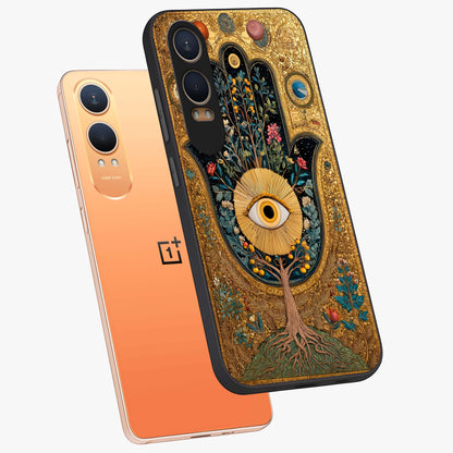 Ethereal Evil Eye Glass Case for 1+Nord CE 4 Lite angled mockup showcasing glossy finish and celestial blue tones