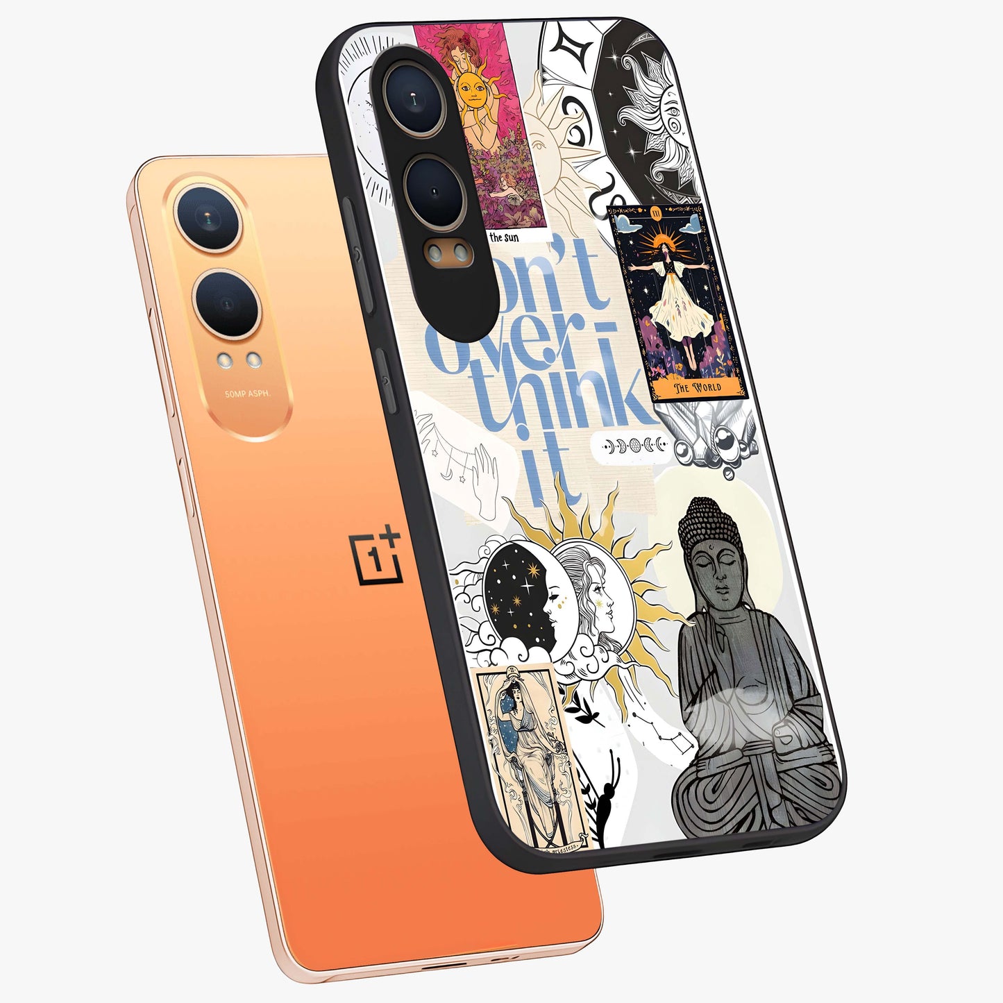 Ethereal Thoughts Glass Case for 1+Nord CE 4 Lite angled mockup showcasing glossy finish and calming gradient textures