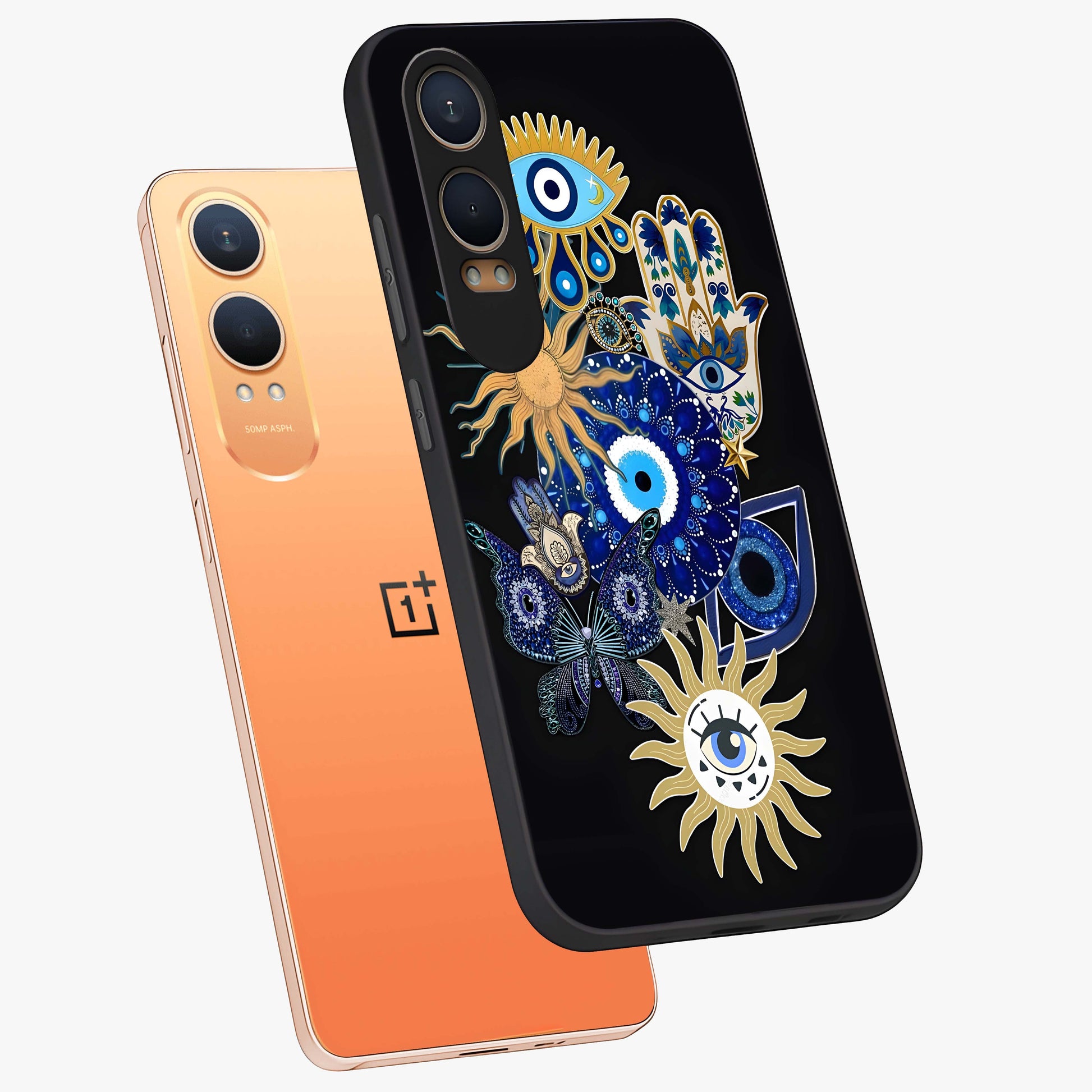 Evil Eye Charm Vibes Glass Case for 1+Nord CE 4 Lite angled mockup showcasing glossy finish and protective symbol detailing