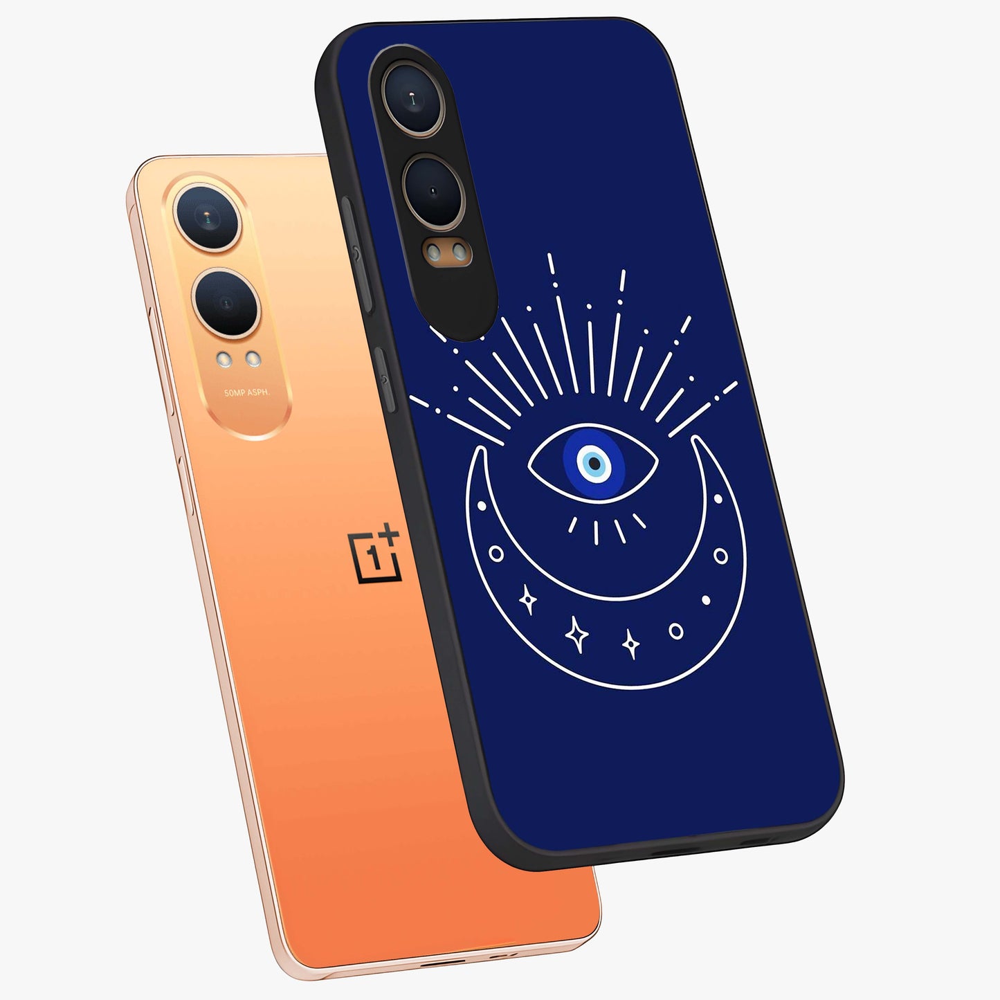 Evil Eye With Blue Themed Collage Glass Case for 1+Nord CE 4 Lite angled mockup showcasing glossy finish and layered blue textures