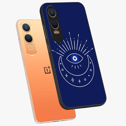 Evil Eye With Blue Themed Collage Glass Case for 1+Nord CE 4 Lite angled mockup showcasing glossy finish and layered blue textures