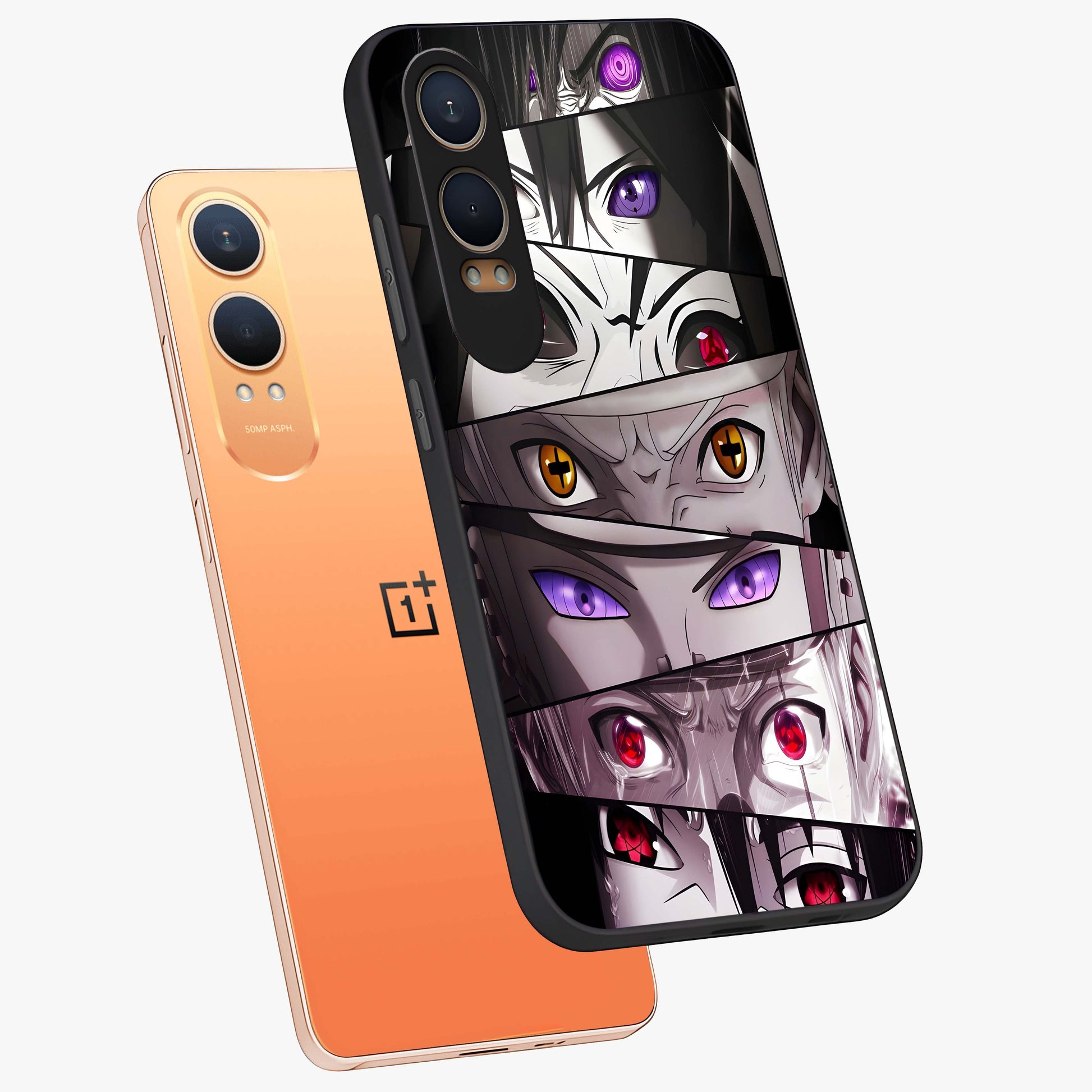 Eyes of Destiny Glass Case for 1+Nord CE 4 Lite angled mockup showcasing glossy glass finish and intense detailing