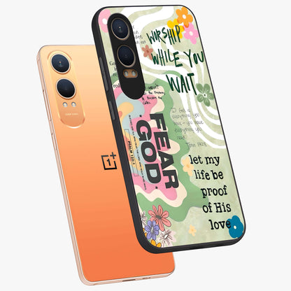 Faith Over Fear Glass Case for 1+Nord CE 4 Lite angled mockup showcasing glossy finish and clean modern design