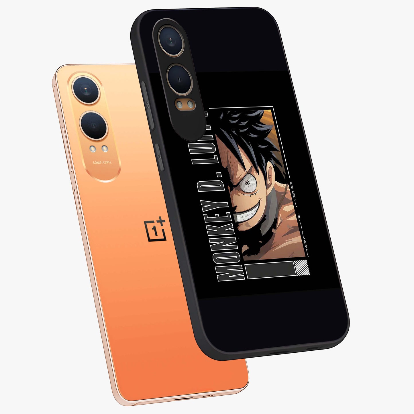 Fearless Pirate Smile Glass Case for 1+Nord CE 4 Lite angled mockup showcasing glossy finish and dark adventurous tones