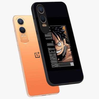 Fearless Pirate Smile Glass Case for 1+Nord CE 4 Lite angled mockup showcasing glossy finish and dark adventurous tones