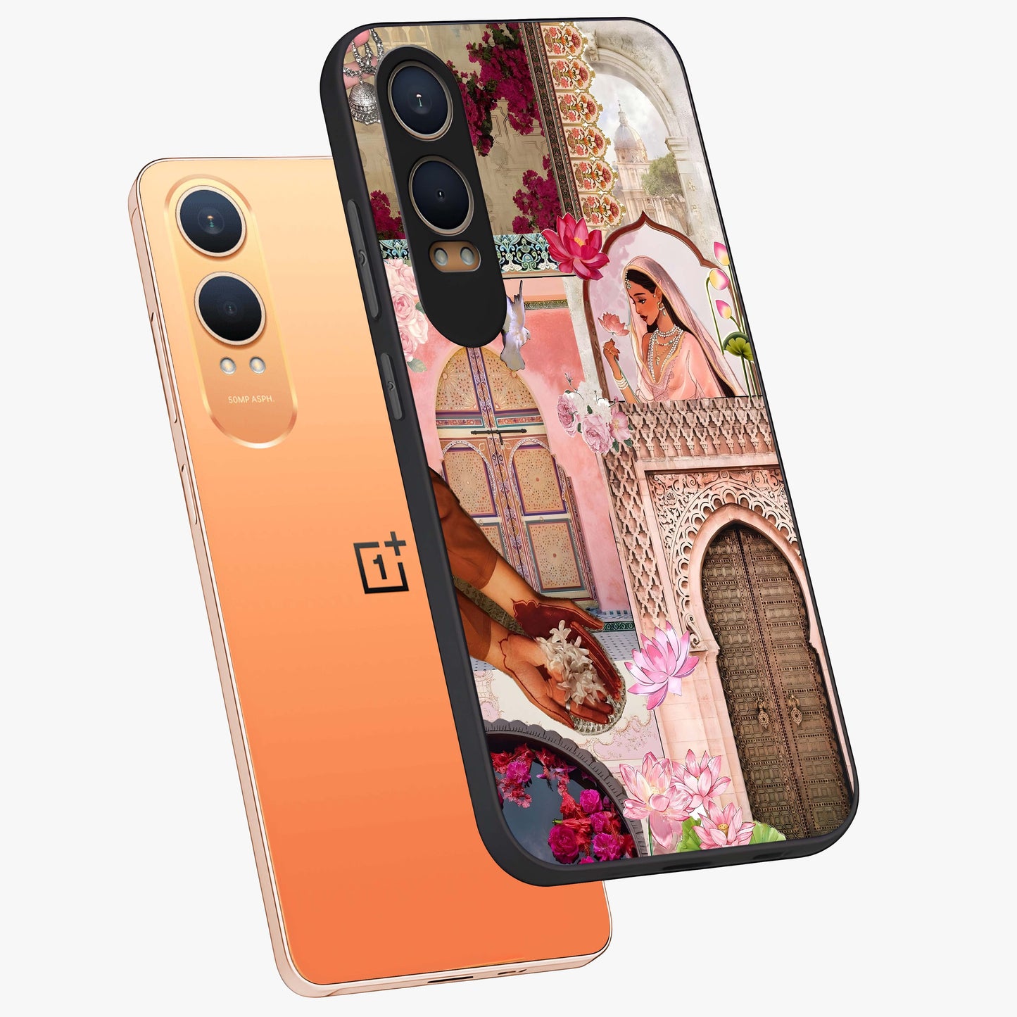 Floral Courtyard Muse Glass Case for 1+Nord CE 4 Lite angled mockup showcasing glossy finish and delicate bloom detailing