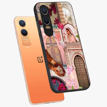 Floral Courtyard Muse Glass Case for 1+Nord CE 4 Lite angled mockup showcasing glossy finish and delicate bloom detailing