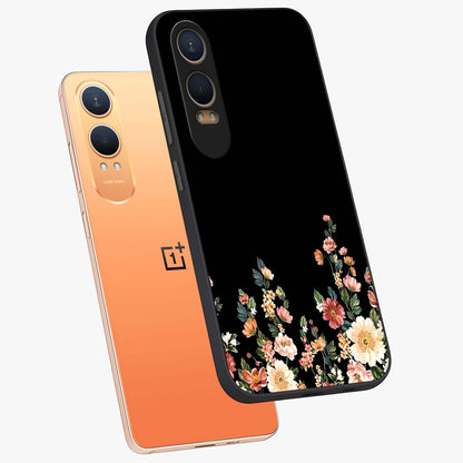 Floral Design With a Custom Personalized Name Glass Case for 1+Nord CE 4 Lite angled mockup showcasing glossy finish and elegant bloom detailing