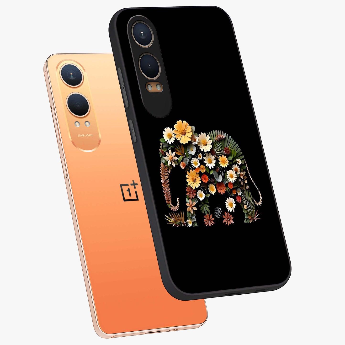Floral Elephant Glass Case for 1+Nord CE 4 Lite angled mockup showcasing glossy finish and vibrant cultural tones