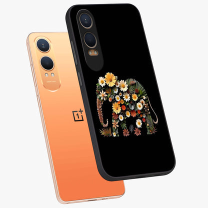 Floral Elephant Glass Case for 1+Nord CE 4 Lite angled mockup showcasing glossy finish and vibrant cultural tones