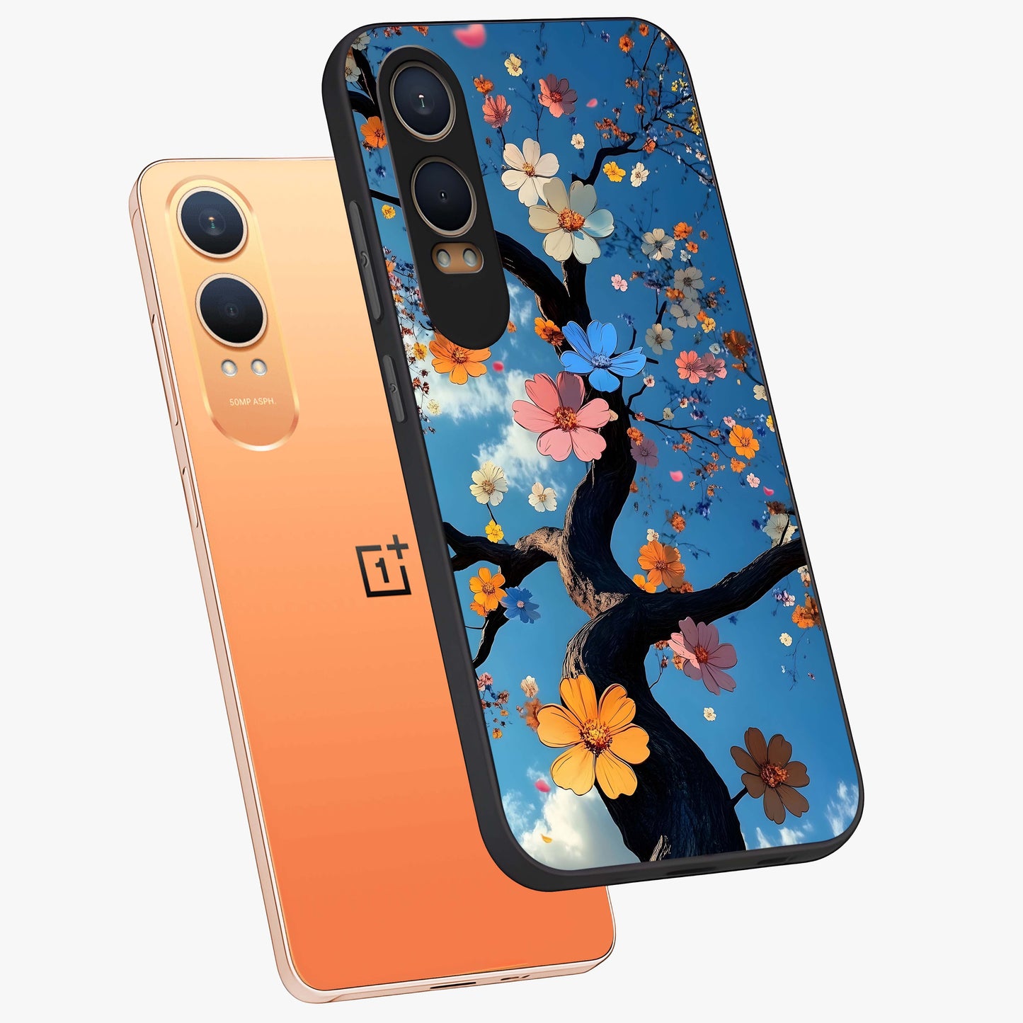 Floral Tree Glass Case for 1+Nord CE 4 Lite angled mockup showcasing glossy finish and detailed branch textures