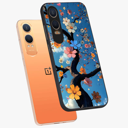 Floral Tree Glass Case for 1+Nord CE 4 Lite angled mockup showcasing glossy finish and detailed branch textures