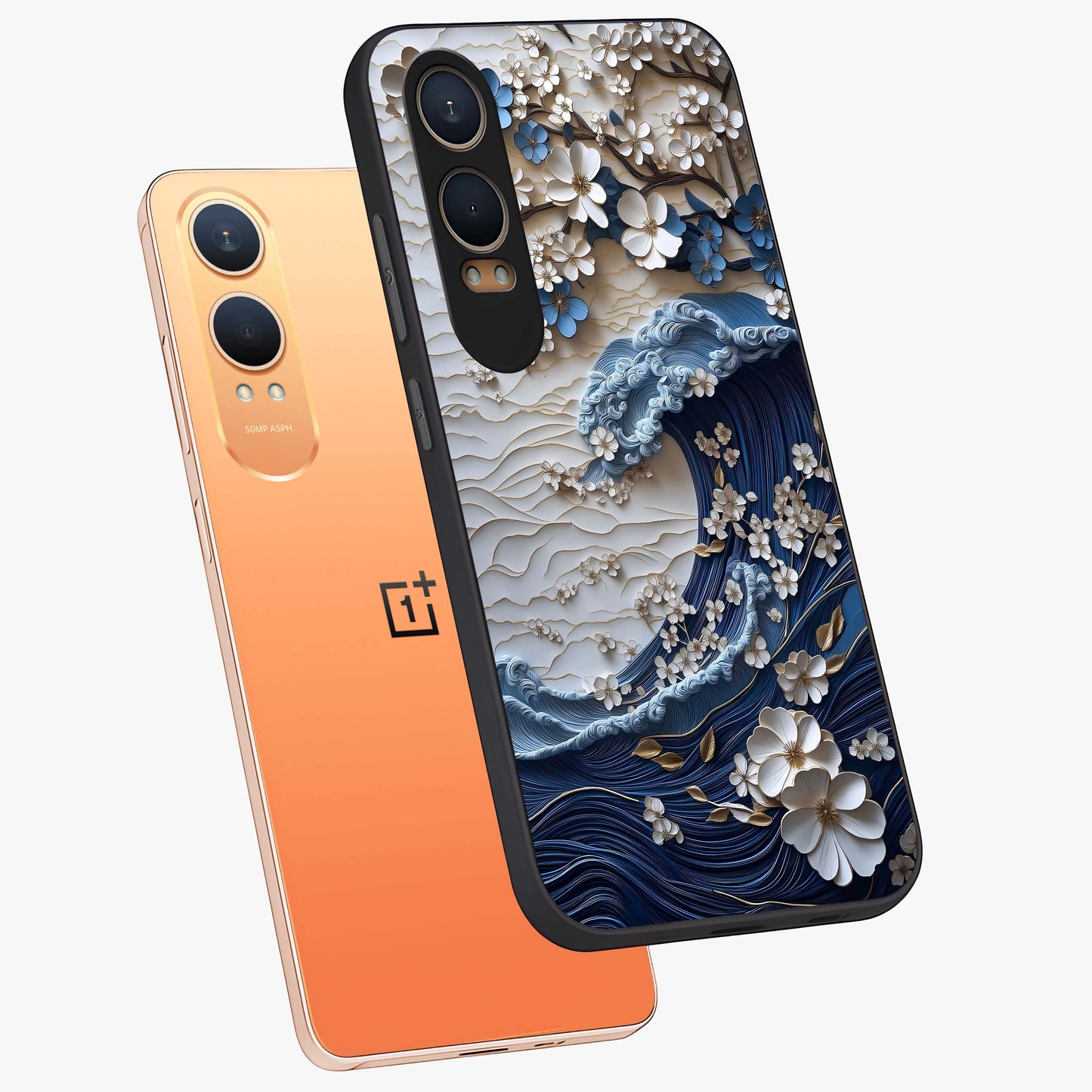 Floral Wave Origami Glass Case for 1+Nord CE 4 Lite angled mockup showcasing glossy glass finish and geometric bloom detailing