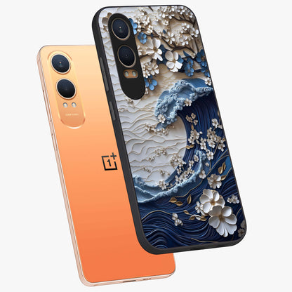Floral Wave Origami Glass Case for 1+Nord CE 4 Lite angled mockup showcasing glossy glass finish and geometric bloom detailing