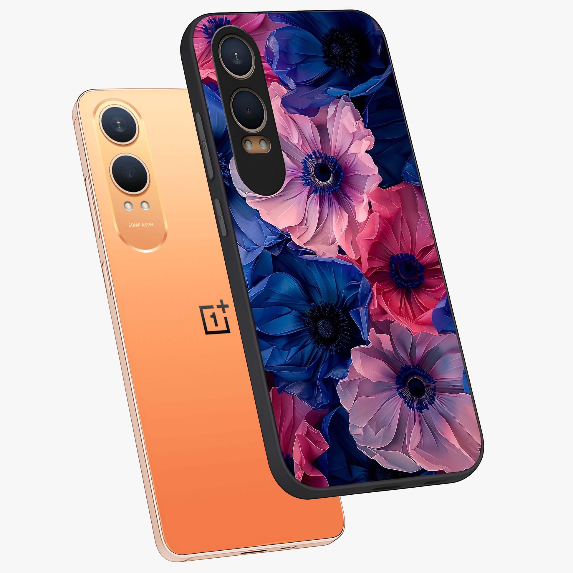Flower Paper Art Pattern Glass Case for 1+Nord CE 4 Lite angled mockup showcasing glossy finish and textured paper detailing