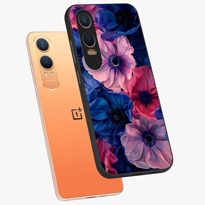 Flower Paper Art Pattern Glass Case for 1+Nord CE 4 Lite angled mockup showcasing glossy finish and textured paper detailing