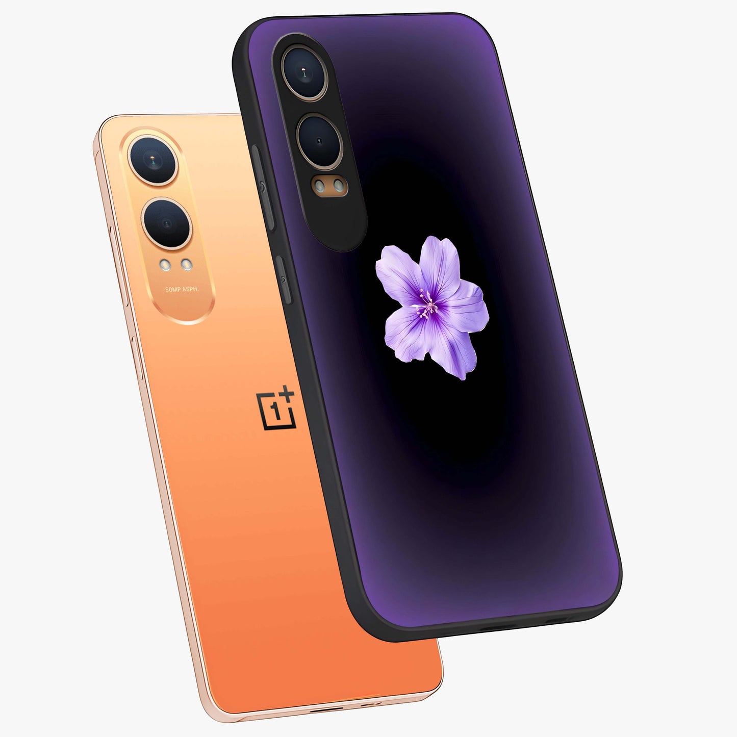 Flower on Soft Violet Gradient Glass Case for 1+Nord CE 4 Lite angled mockup showcasing glossy finish and pastel purple tones