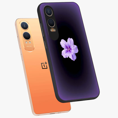 Flower on Soft Violet Gradient Glass Case for 1+Nord CE 4 Lite angled mockup showcasing glossy finish and pastel purple tones