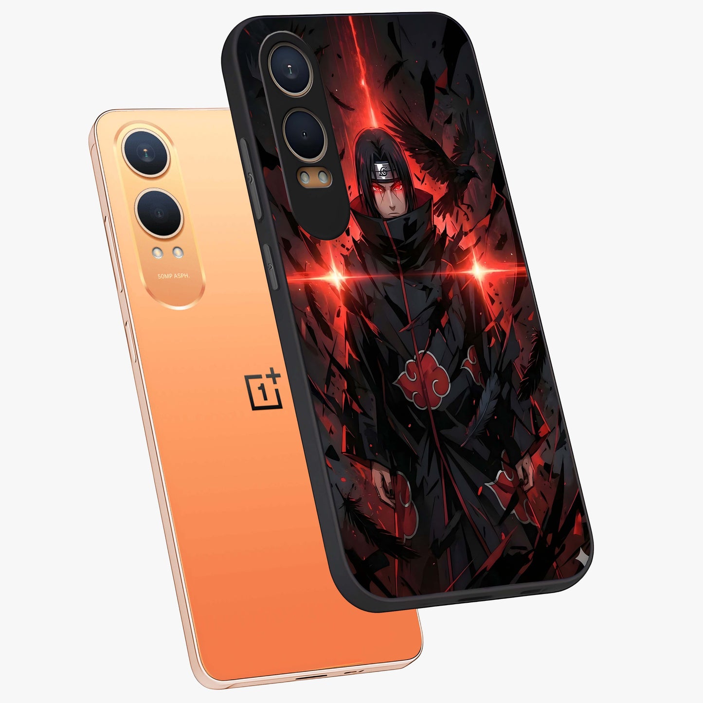 Focused Blade Discipline Glass Case for 1+Nord CE 4 Lite angled mockup showcasing glossy finish and intense warrior detailing