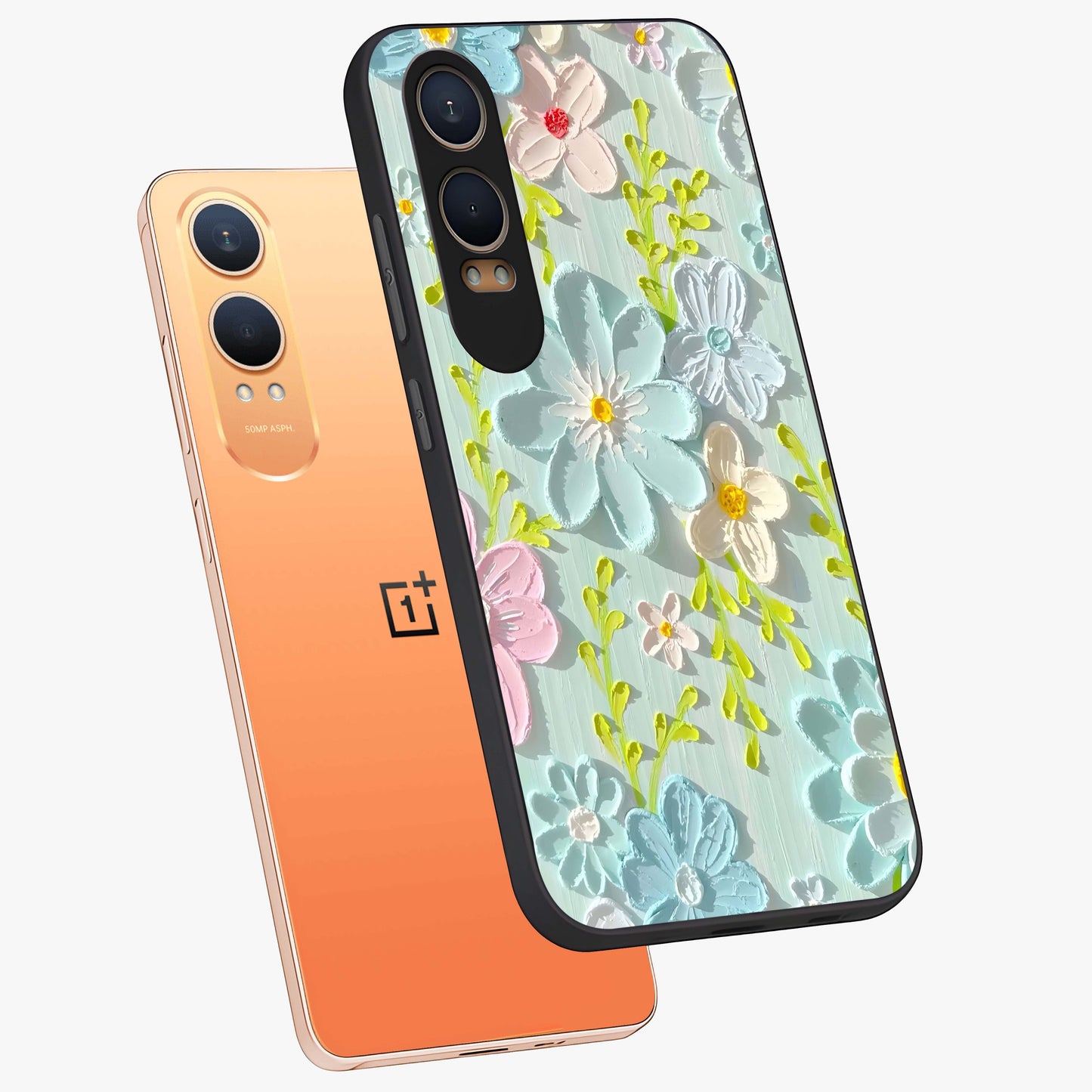 Frosted Petal Garden Glass Case for 1+Nord CE 4 Lite angled mockup showcasing glossy finish and pastel bloom detailing