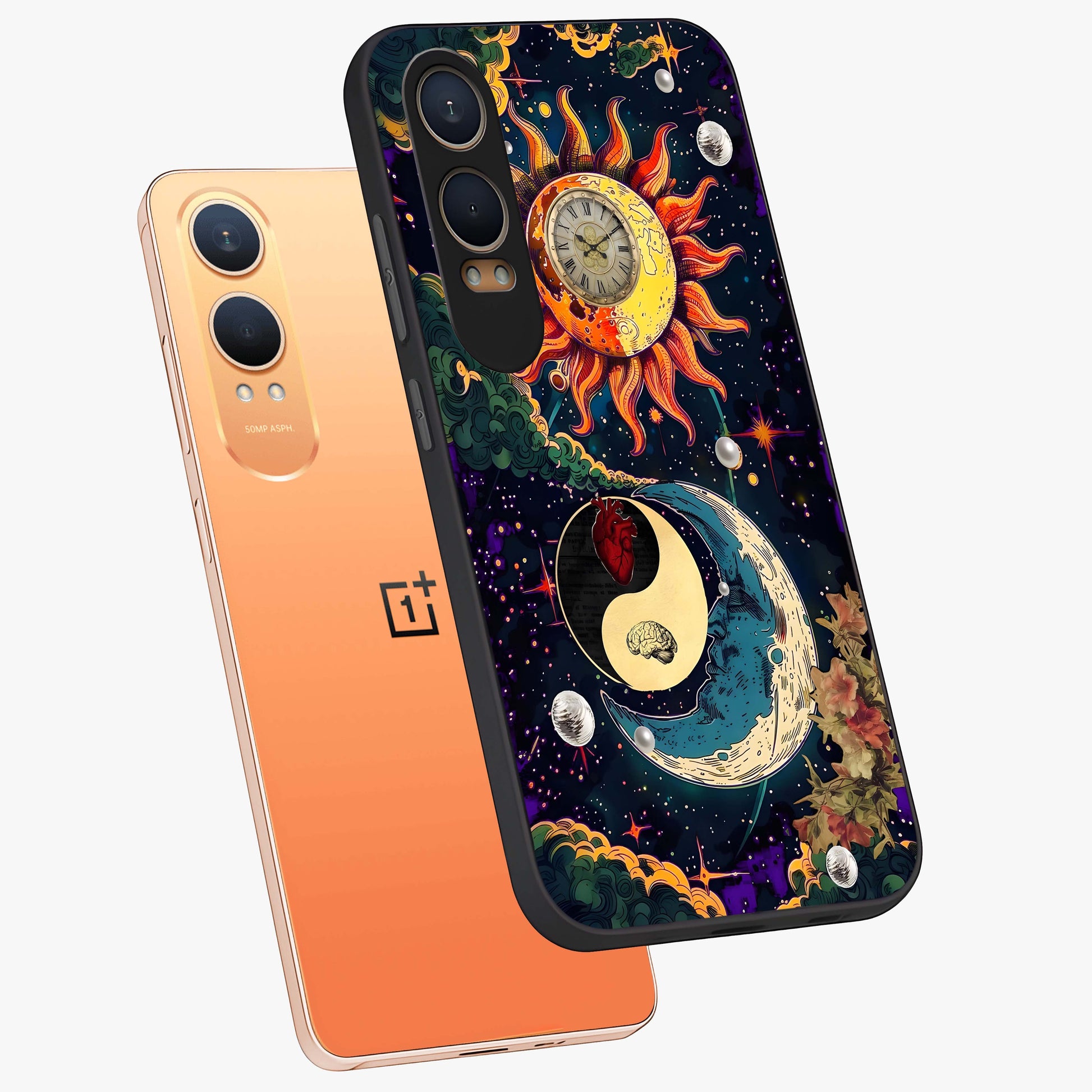 Future Universe Glass Case for 1+Nord CE 4 Lite angled mockup showcasing glossy finish and vibrant space tones