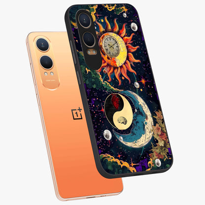 Future Universe Glass Case for 1+Nord CE 4 Lite angled mockup showcasing glossy finish and vibrant space tones