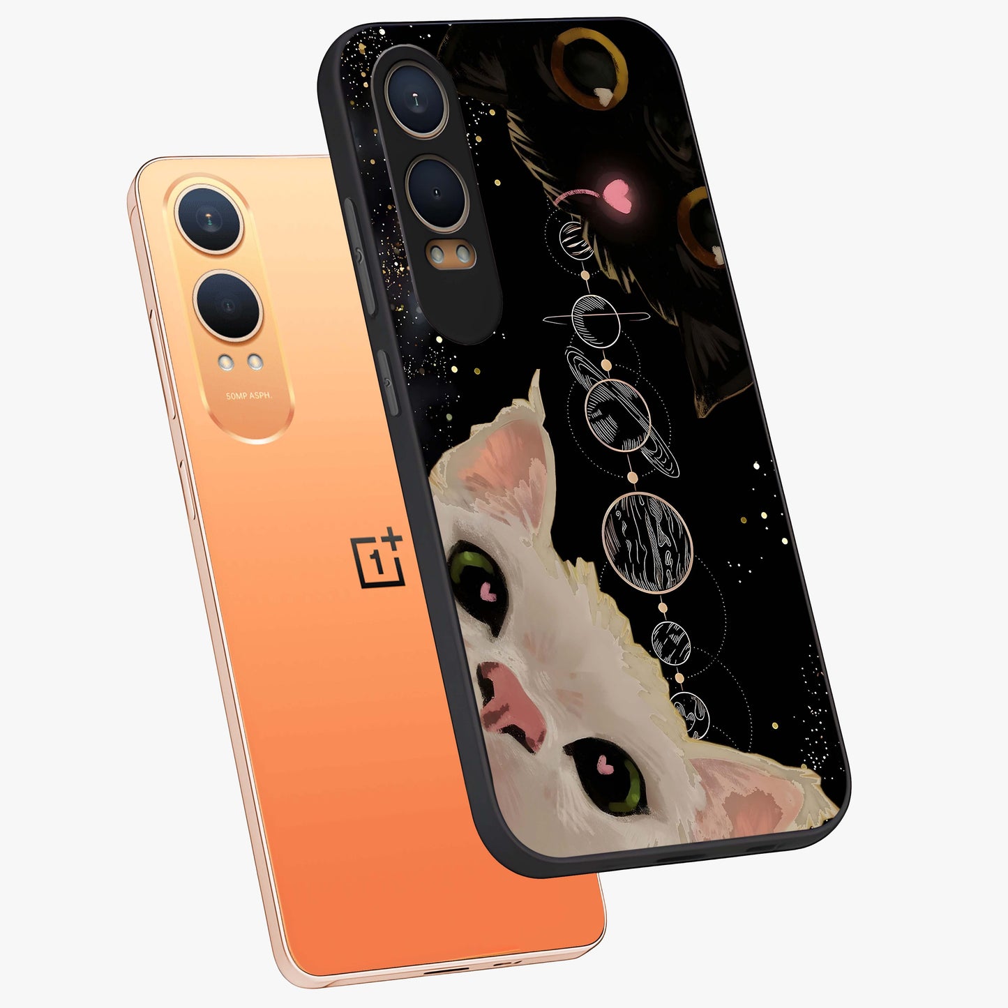 Galactic Cat Glass Case for 1+Nord CE 4 Lite angled mockup showcasing glossy finish and luminous space detailing