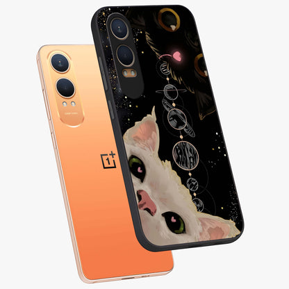 Galactic Cat Glass Case for 1+Nord CE 4 Lite angled mockup showcasing glossy finish and luminous space detailing
